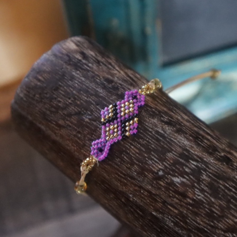 Purple and Gold Miyuki Seed Beaded Aztec Bracelet